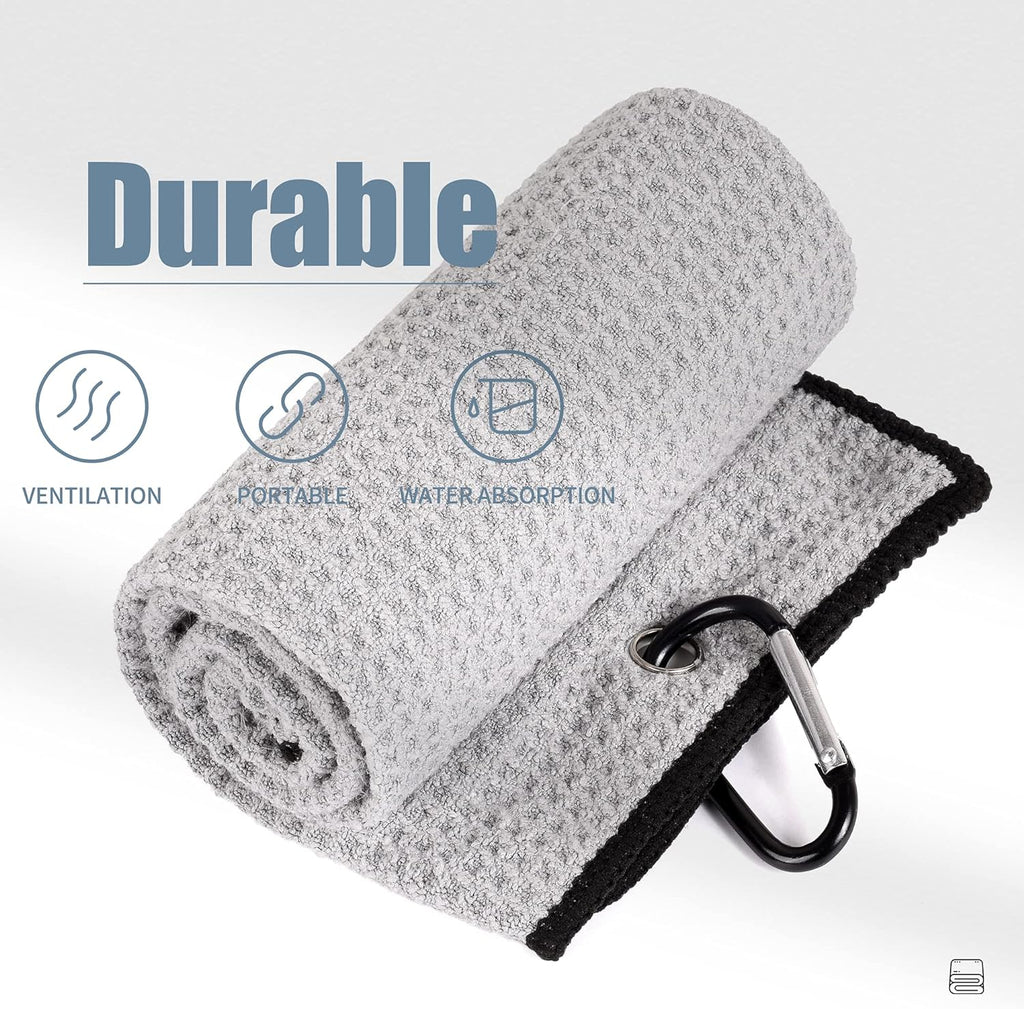 Tri-Fold Golf Towel | Premium Microfiber Fabric | Waffle Pattern | Heavy Duty Carabiner Clip | 14 Color Options