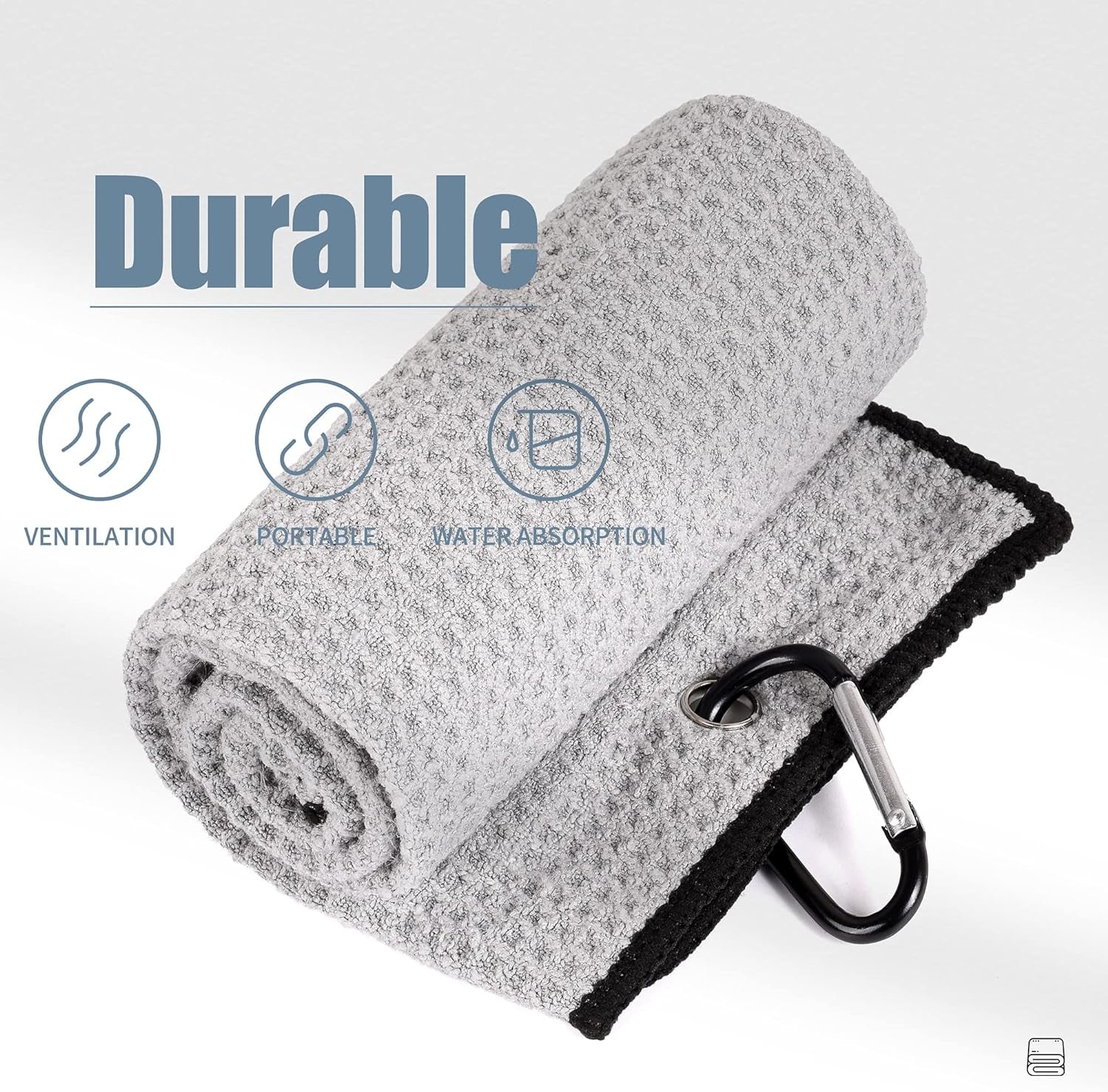 Tri-Fold Golf Towel | Premium Microfiber Fabric | Waffle Pattern | Heavy Duty Carabiner Clip | 14 Color Options