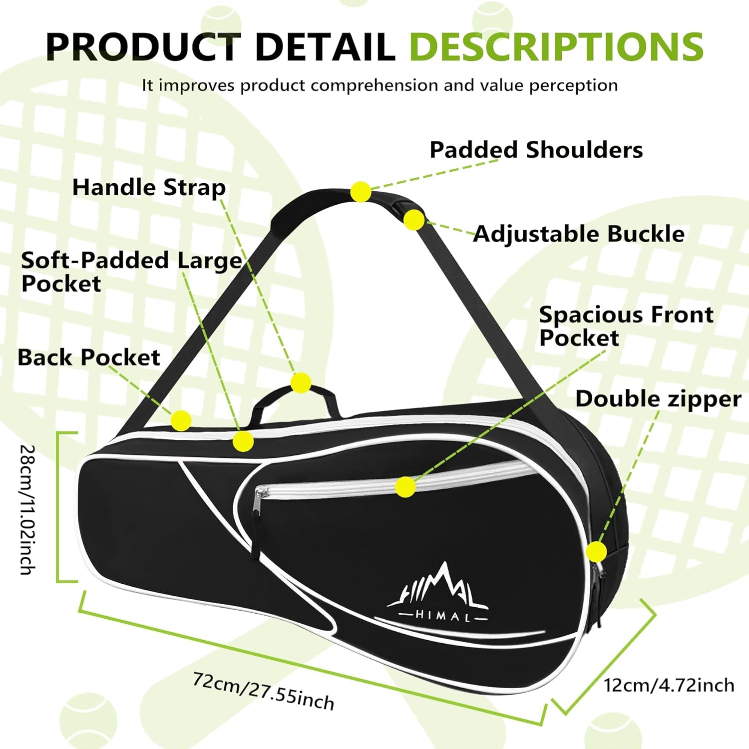 3 Racquet Tennis-Bag Premium Tennis-Racket-Bag with Protective Pad, Professional or Beginner Tennis Players, Lightweight Tennis Bag for All Ages,Black