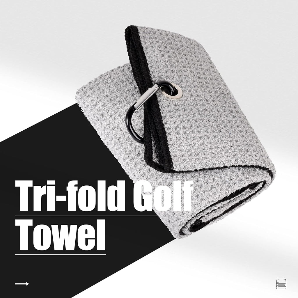 Tri-Fold Golf Towel | Premium Microfiber Fabric | Waffle Pattern | Heavy Duty Carabiner Clip | 14 Color Options