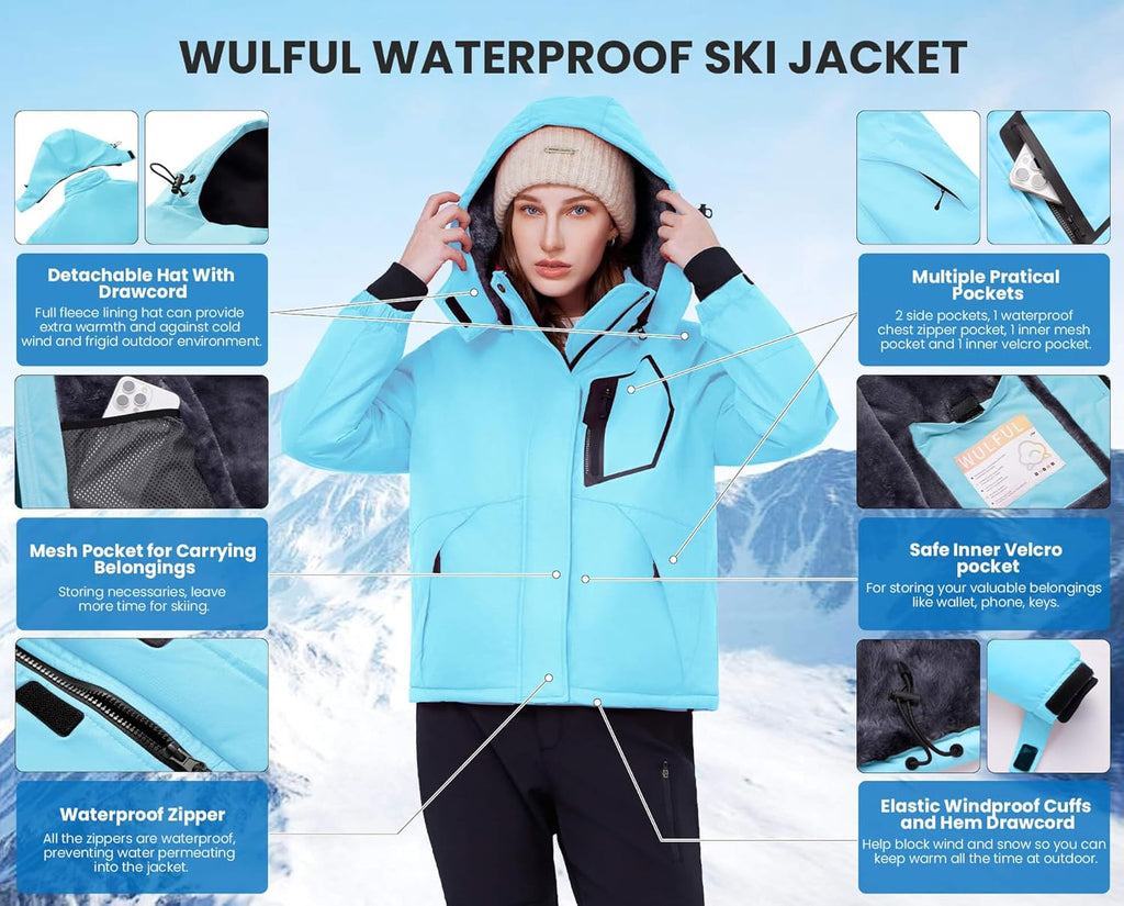 Women’S Waterproof Snow Ski Jacket Mountain Windproof Winter Coat with Detachable Hood